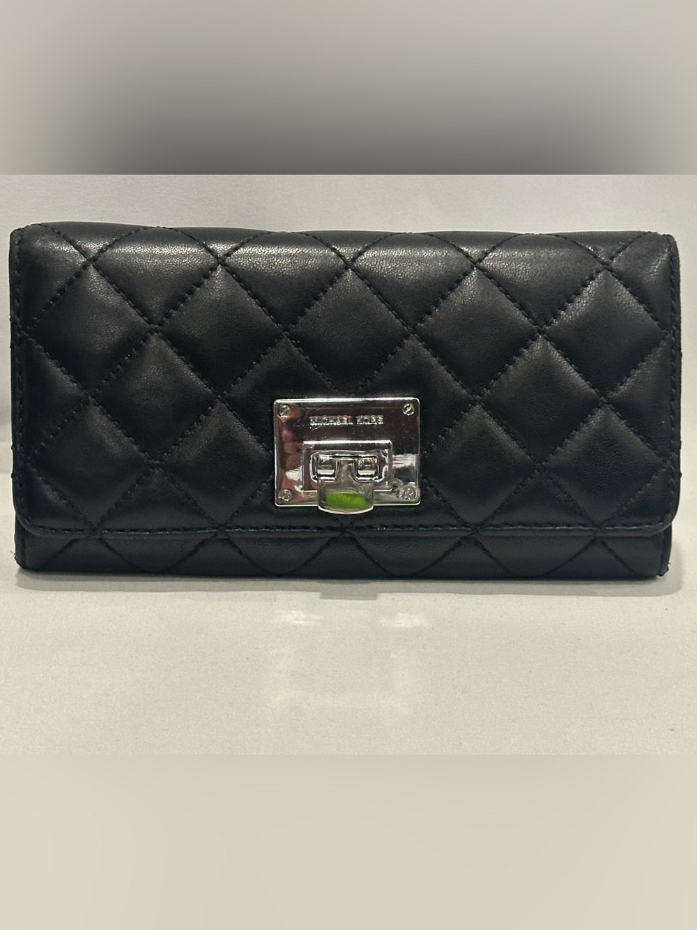 Michael Kors Black Quilted Wallet Silver Turn Lock Clutch Long Wallet